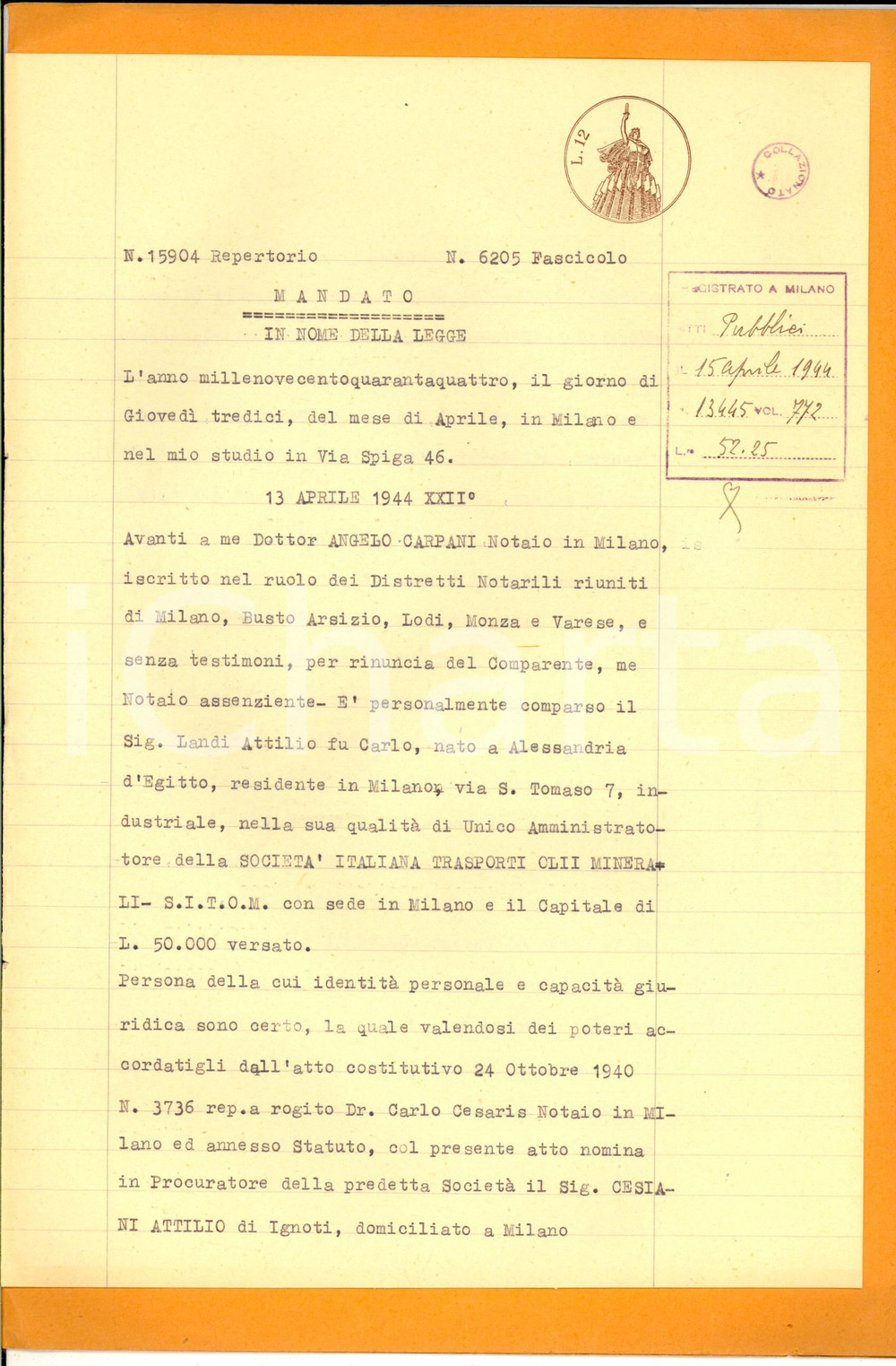 1944 MILANO RSI Mandato SITOM Società Trasporti Olii Minerali ad Attilio CESIANI