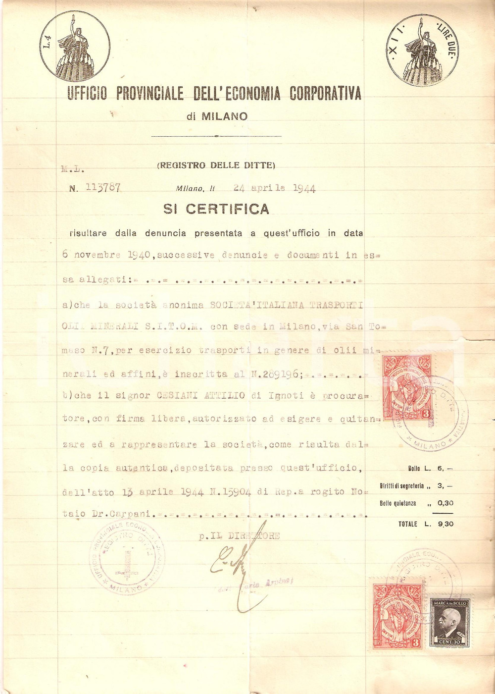 Documento originale, autentico 1944 MILANO Certificato procura della societÃ  SITOM ad Attilio CESIANI 1