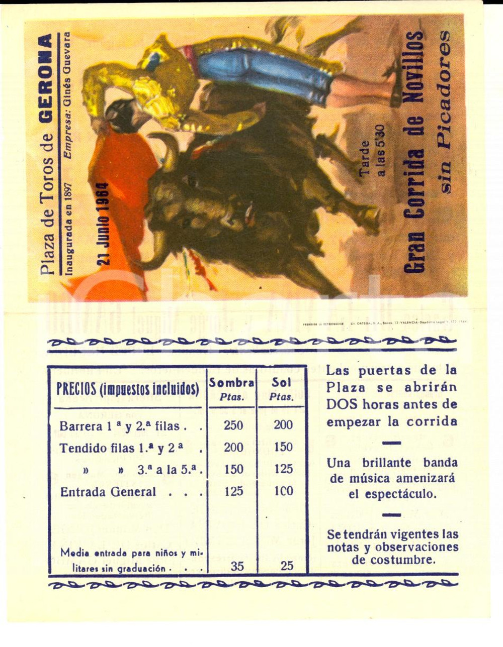 Materiale pubblicitario d’epoca 1964 GERONA Gran Corrida de NOVILLOS  Don Manuel JORGE Biglietto 1
