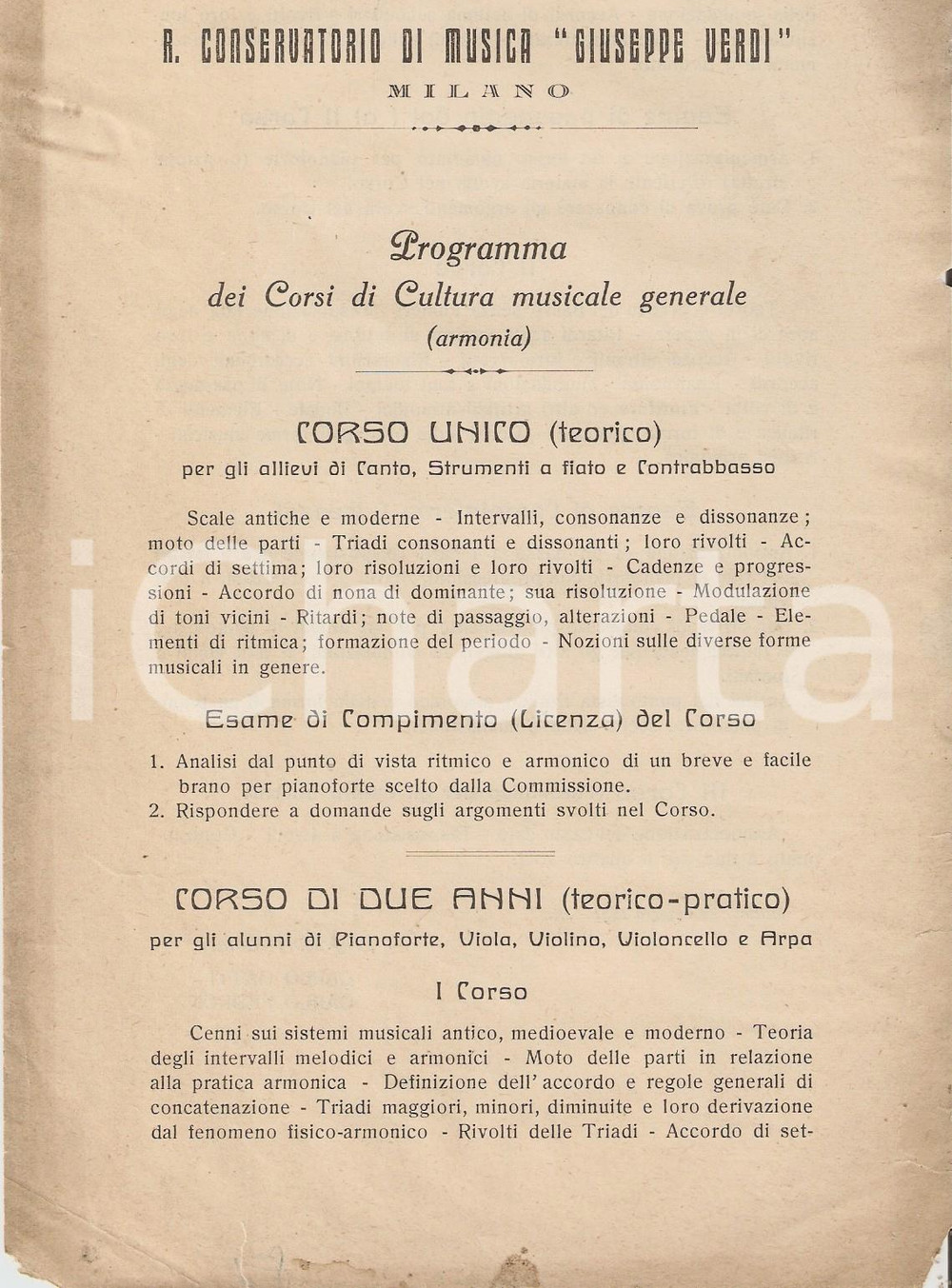 Documento originale, autentico 1931 MILANO Conservatorio VERDI Programma corsi di cultura musicale  armonia 1