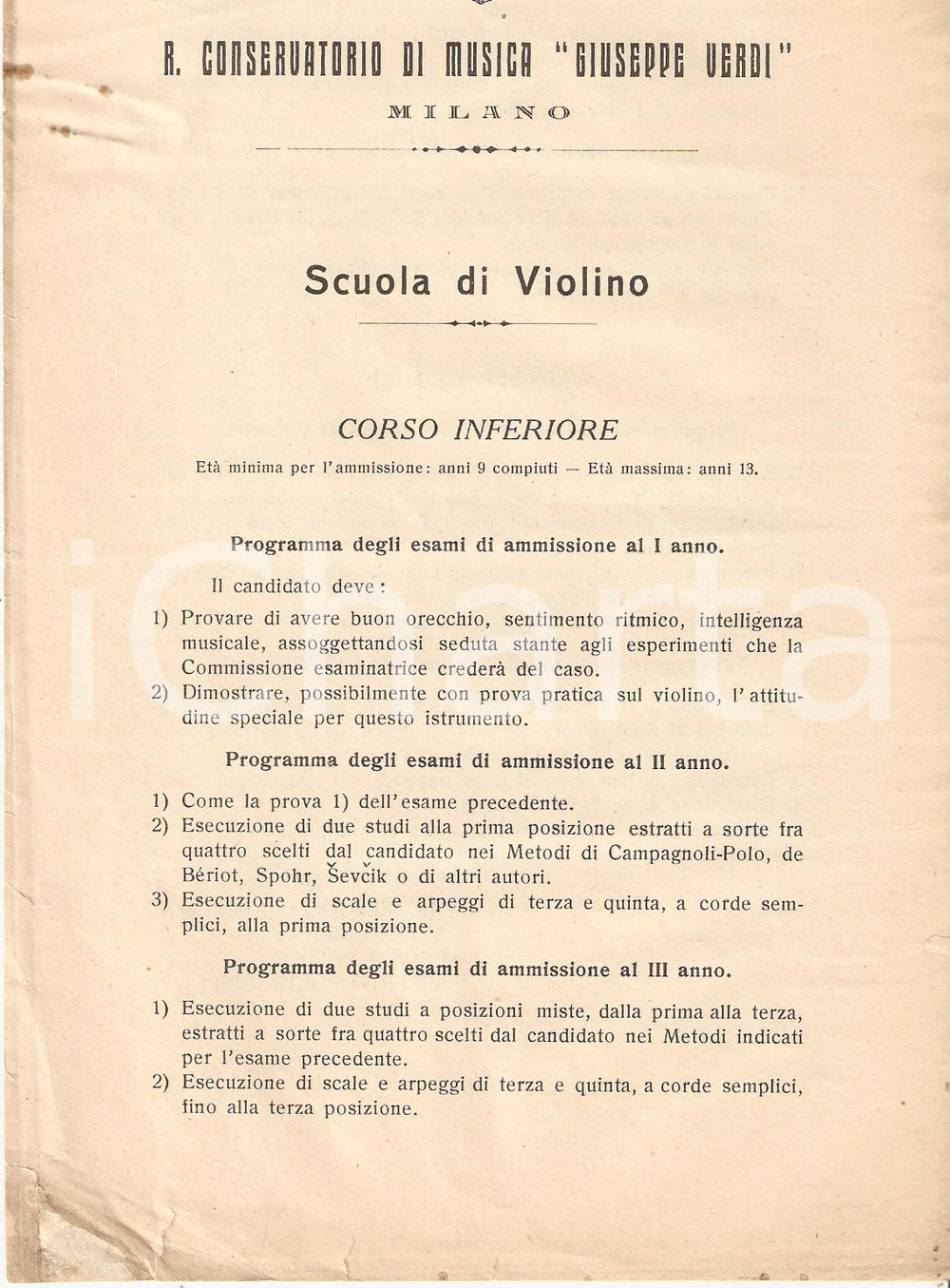 Documento originale, autentico 1930 ca MILANO Conservatorio VERDI Programma corsi della scuola di violino 1