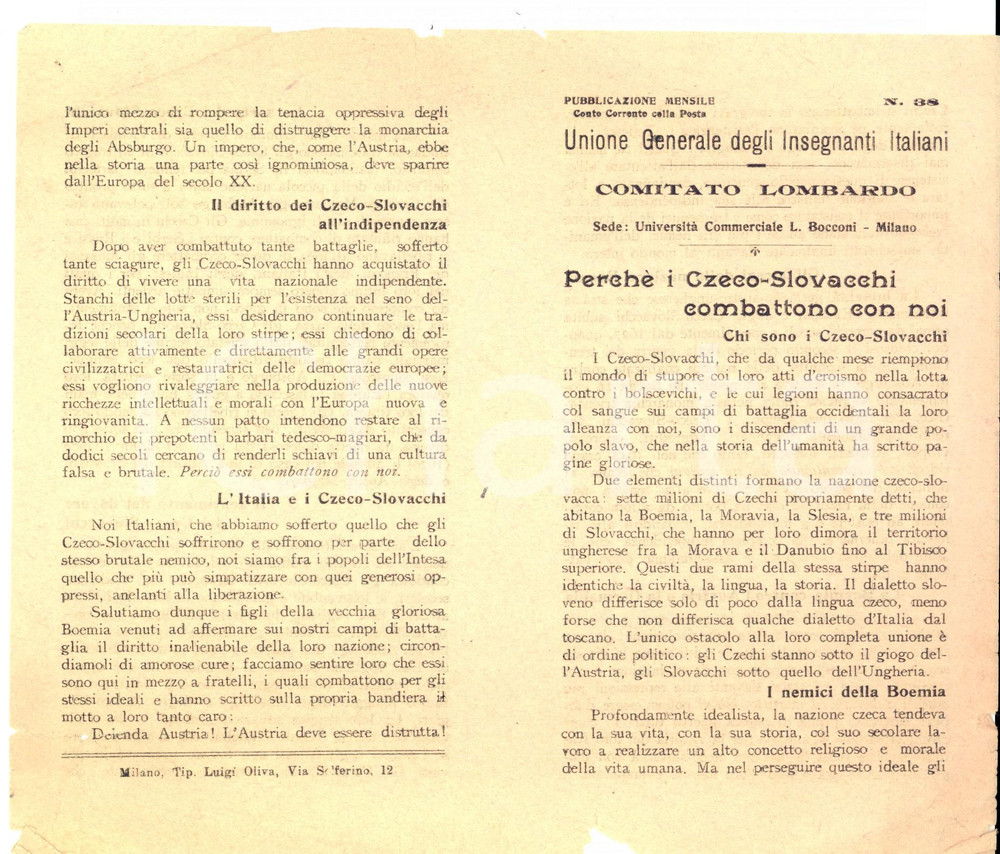 Documento originale, autentico 1918 WW1 PROPAGANDA MILANO Insegnanti Perché i cecoslovacchi combattono con noi 1