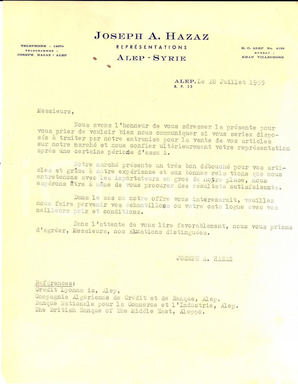 Manoscritto, lettera originale 1955 ALEPPO SIRIA Joseph A. HAZAZ Casa di rappesentanze  Lettera commerciale 1