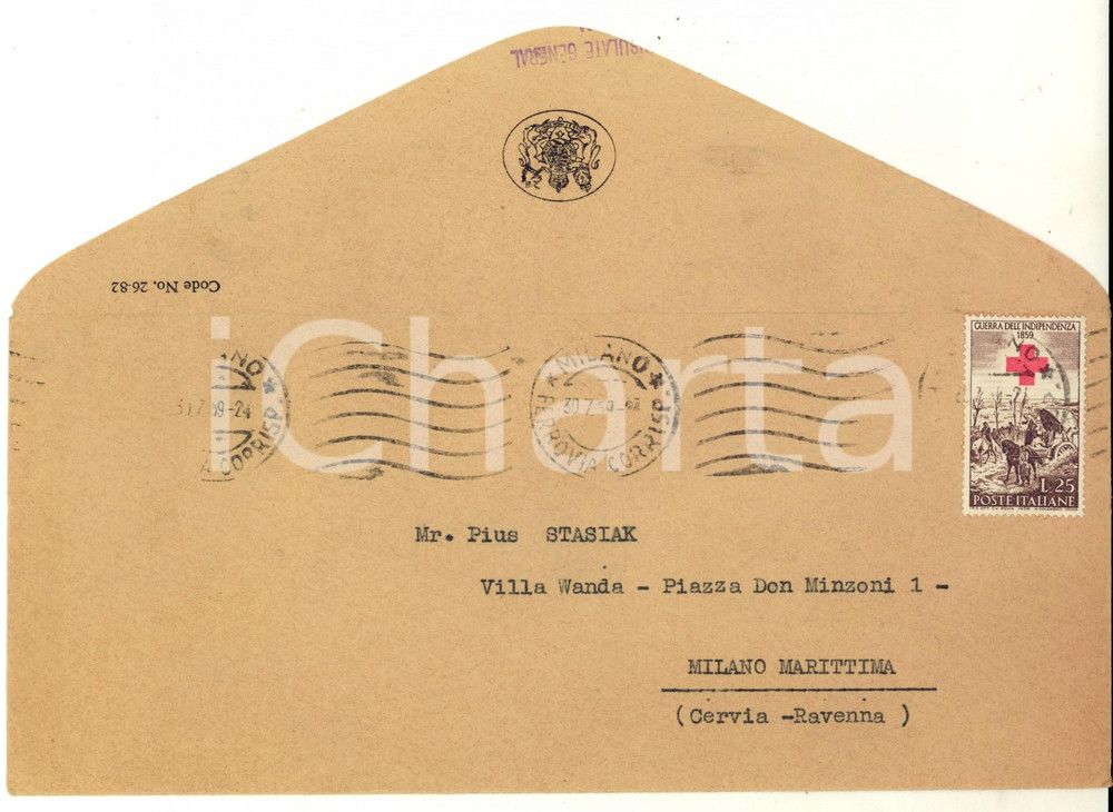Cartolina originale da collezione 1959 STORIA POSTALE MILANO 25 Lire Guerra dell indipendenza su busta viaggiata 1