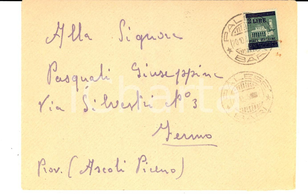 Cartolina originale da collezione 1945 STORIA POSTALE LUOGOTENENZA BARI PALESE Busta Lire 2 RSI sovrastampa 1
