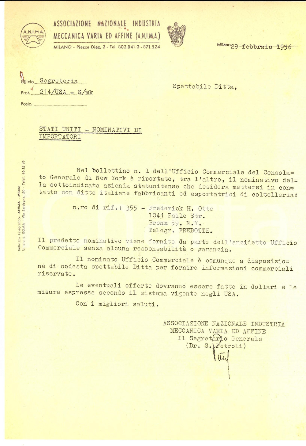 Manoscritto, lettera originale 1956 MILANO Associazione Nazionale INDUSTRIA MECCANICA Lettera importatori USA 1