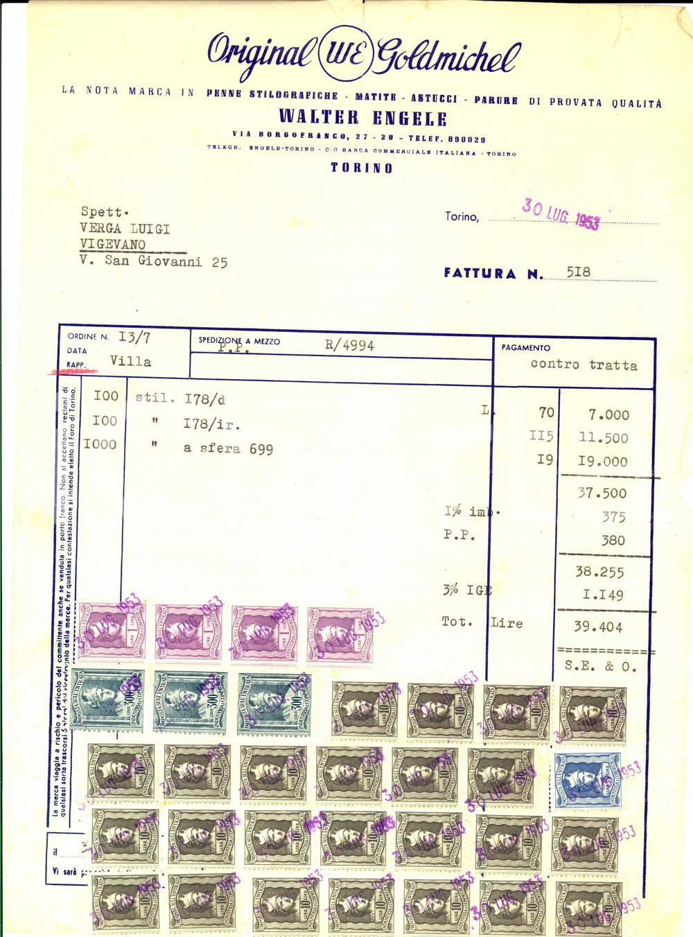 Documento originale, autentico 1953 TORINO Penne ORIGINAL GOLDMICHEL Walter ENGELE Fattura con bolli 1