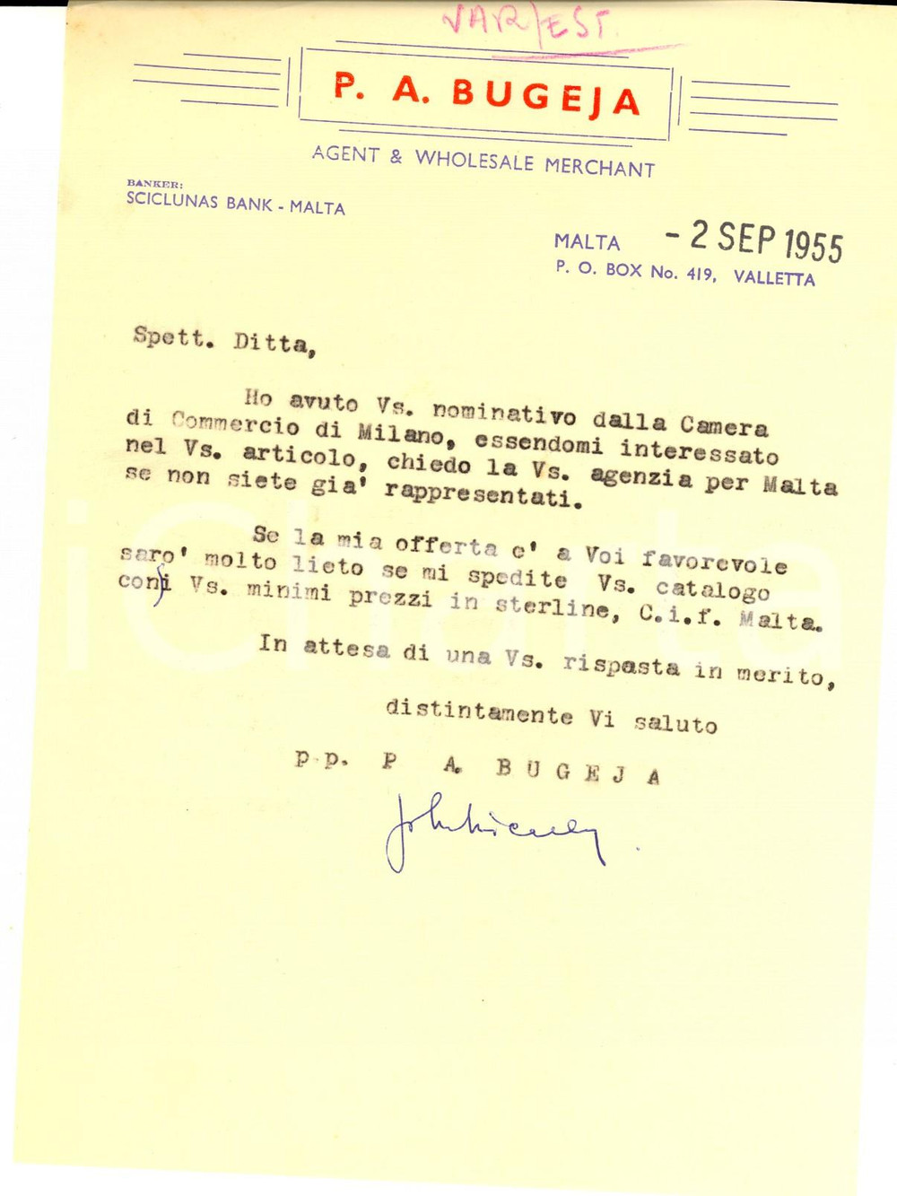 Manoscritto, lettera originale 1955 MALTA P. A. BUGEJA Agent & Wholesale merchant Lettera commerciale 1