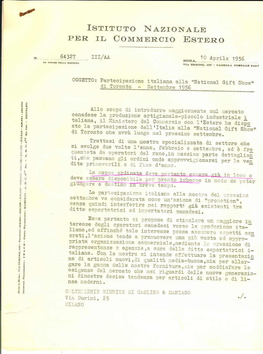 Documento originale, autentico 1956 ROMA COMMERCIO ESTERO Partecipazione alla National Gift Show di Toronto 1