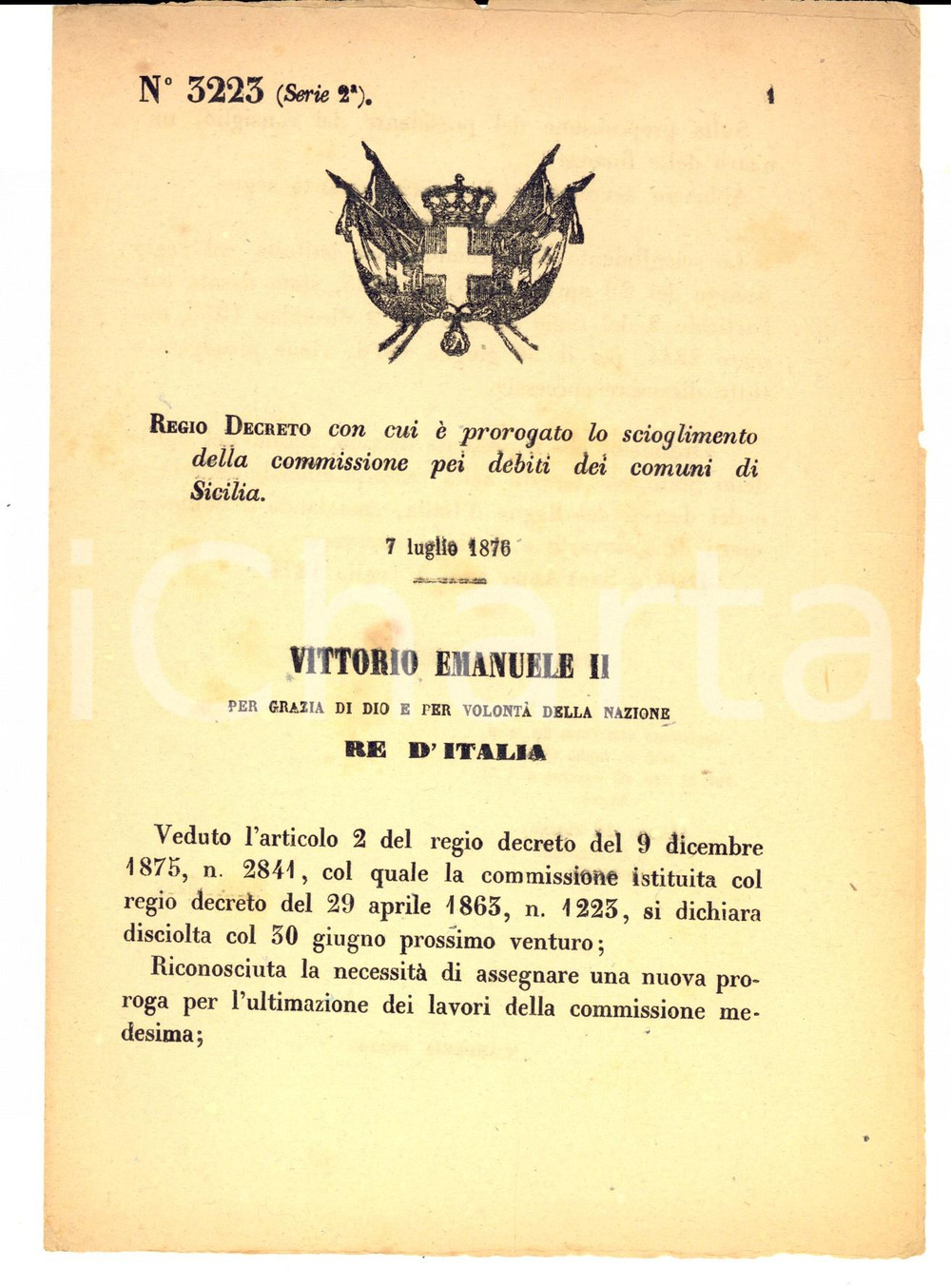 Documento originale, autentico 1876 SICILIA Regio Decreto per scioglimento commissione pei debiti dei comuni 1