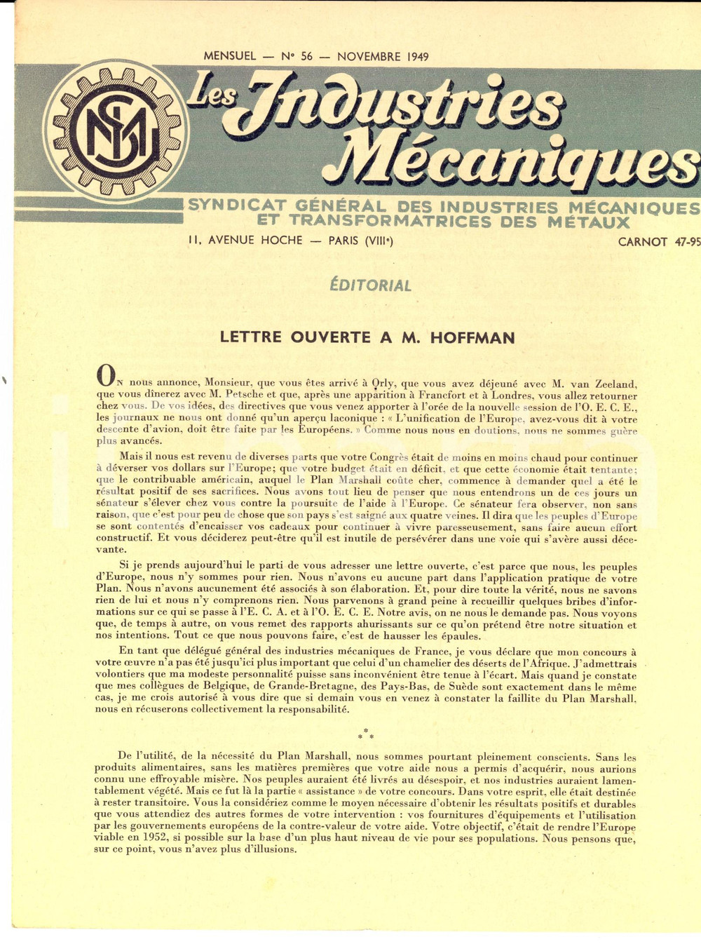 Giornale, rivista storica 1949 LES INDUSTRIES MECANIQUES Lettre ouverte à M. HOFFMAN Plan MARSHALL n° 56 1