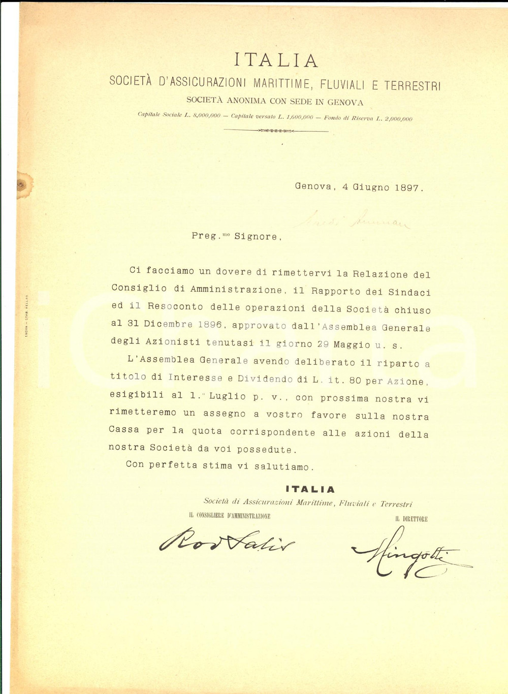 Manoscritto, lettera originale 1897 GENOVA Società Assicurazioni ITALIA Marittime  Lettera su dividendi 1