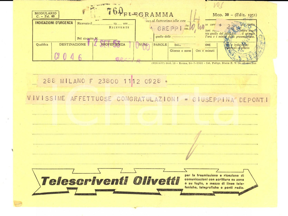 Documento originale, autentico 1953 TORINO Telegramma pubblicitario Telescriventi OLIVETTI  YOMO VINTAGE 1