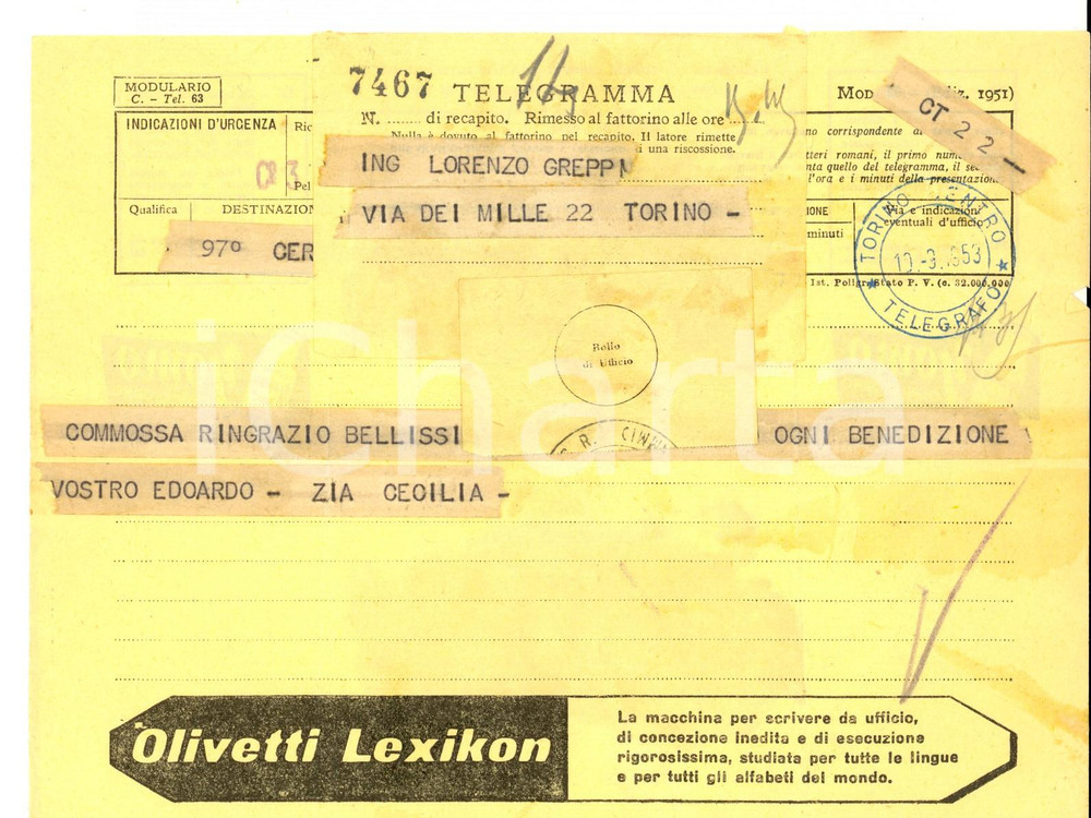 Documento originale, autentico 1953 TORINO Telegramma pubblicitario OLIVETTI LEXICON  YOMO VINTAGE 4 1