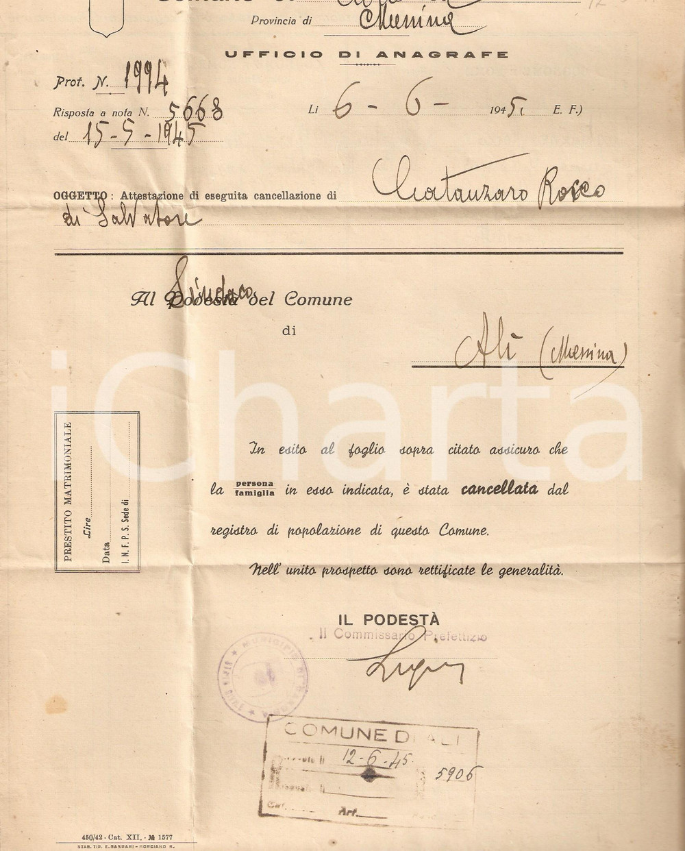 Cartolina originale da collezione 1945 STORIA POSTALE LUOGOTENENZA CARONIA Piego comunale Lire 1 POSTA AEREA 1