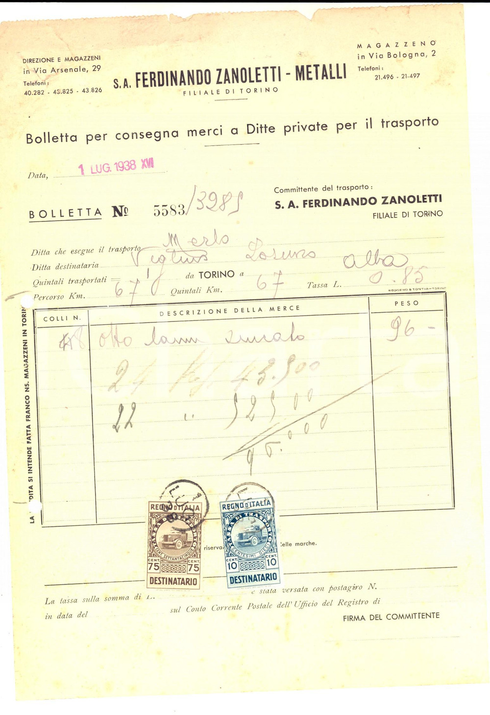Documento originale, autentico 1938 TORINO Ditta trasporti Ferdinando ZANOLETTI Bolletta per consegna merci 1