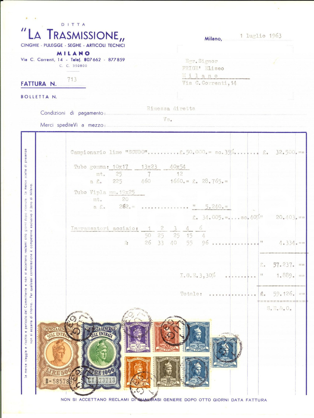 Documento originale, autentico 1963 MILANO Ditta LA TRASMISSIONE  Fattura per cinghie e cordoncini Bolli 1