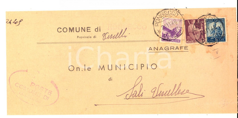 Cartolina originale da collezione 1948 STORIA POSTALE REPUBBLICA PONSECCO Fascetta L. 5 + L. 2 + 50 cent. 1