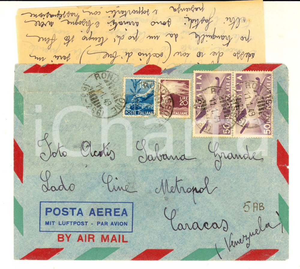 1949 STORIA POSTALE RONDISSONE per CARACAS Lire 50 + 20 POSTA AEREA con lettera