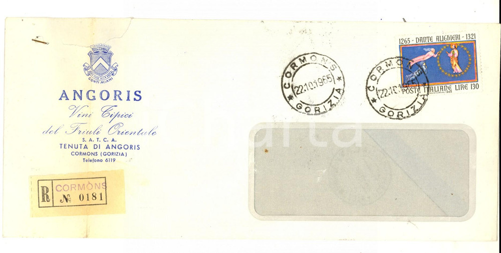 Manoscritto, lettera originale 1965 STORIA POSTALE CORMONS Vini ANGORIS Raccomandata L. 130 DANTE ALIGHIERI 1