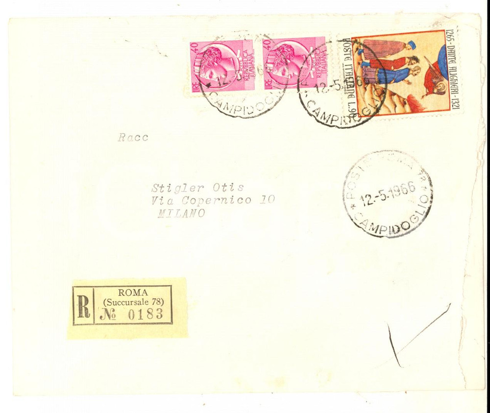 Manoscritto, lettera originale 1966 STORIA POSTALE ROMA  Busta raccomandata L. 90 DANTE ALIGHIERI + 2 L. 40 1