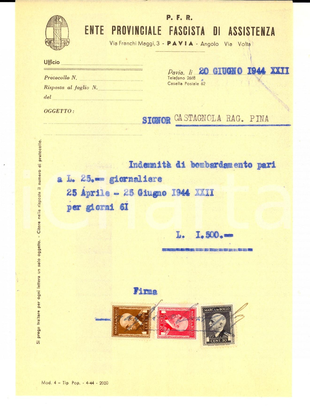 1944 RSI WW2 PAVIA PFR Indennità di bombardamento a Pina CASTAGNOLA *Bolli