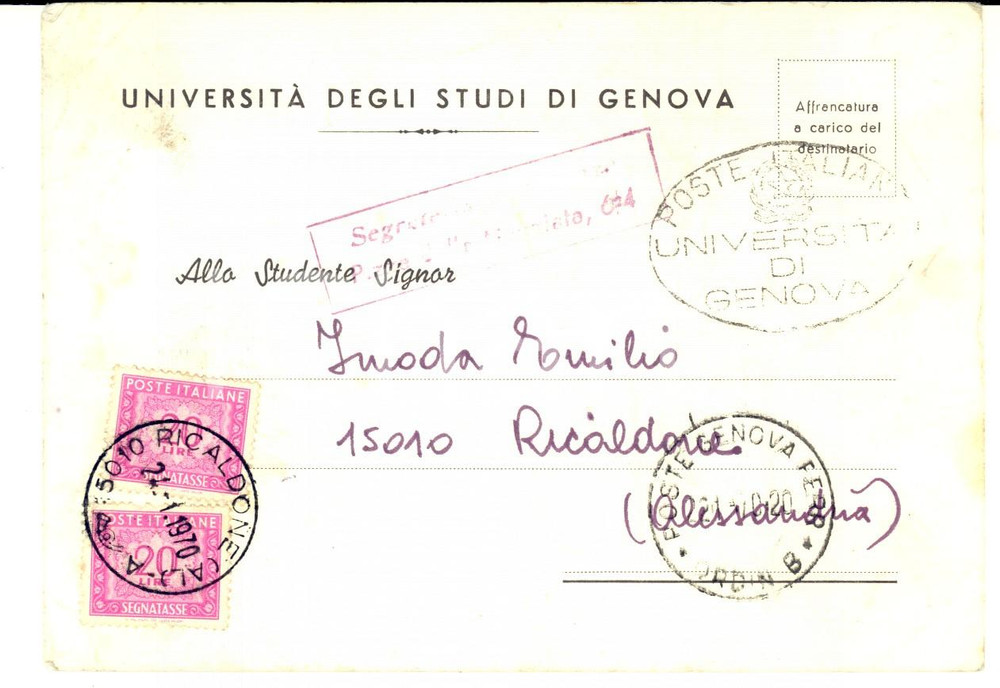 Materiale pubblicitario d’epoca 1970 STORIA POSTALE UniversitÃ  di GENOVA Cartolina coppia L.20 segnatasse 1