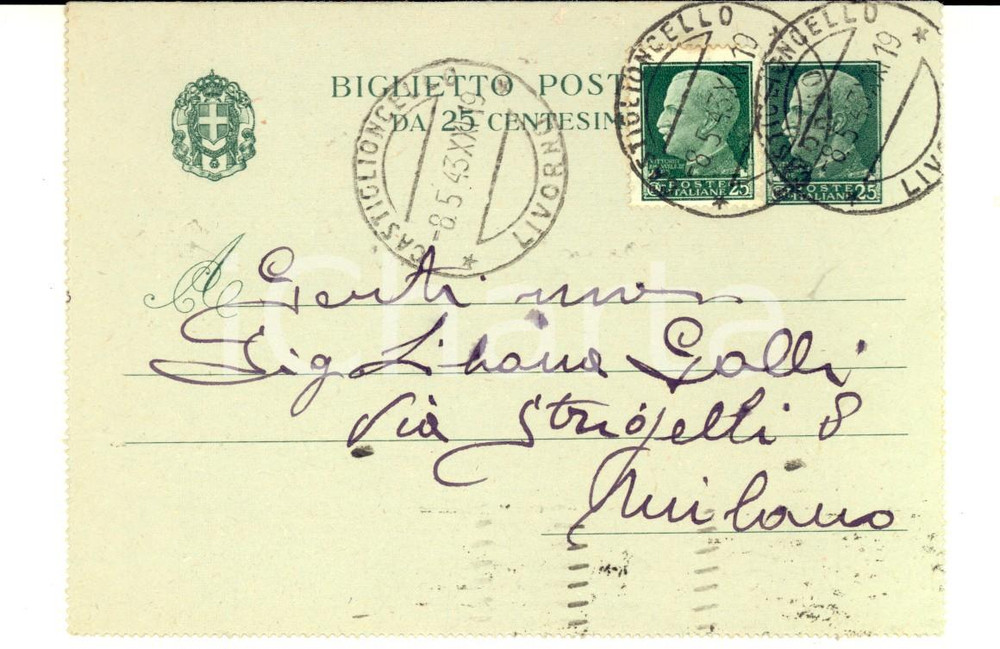 Cartolina originale da collezione 1943 STORIA POSTALE CASTIGLIONCELLO Biglietto postale da 25 cent. imperiale 1