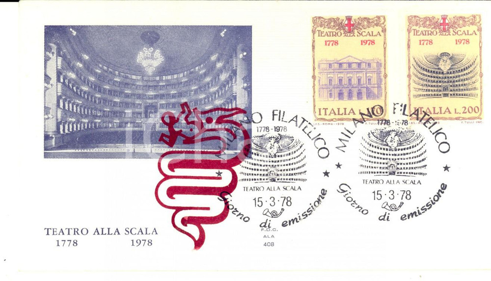 Cartolina originale da collezione 1978 STORIA POSTALE MILANO TEATRO ALLA SCALA Busta FDC Bicentenario 1