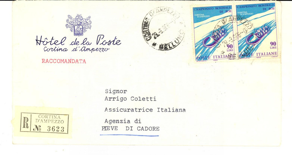 Manoscritto, lettera originale 1966 STORIA POSTALE CORTINA D AMPEZZO Hotel de la Poste Busta L. 90 Mondiali BOB 1