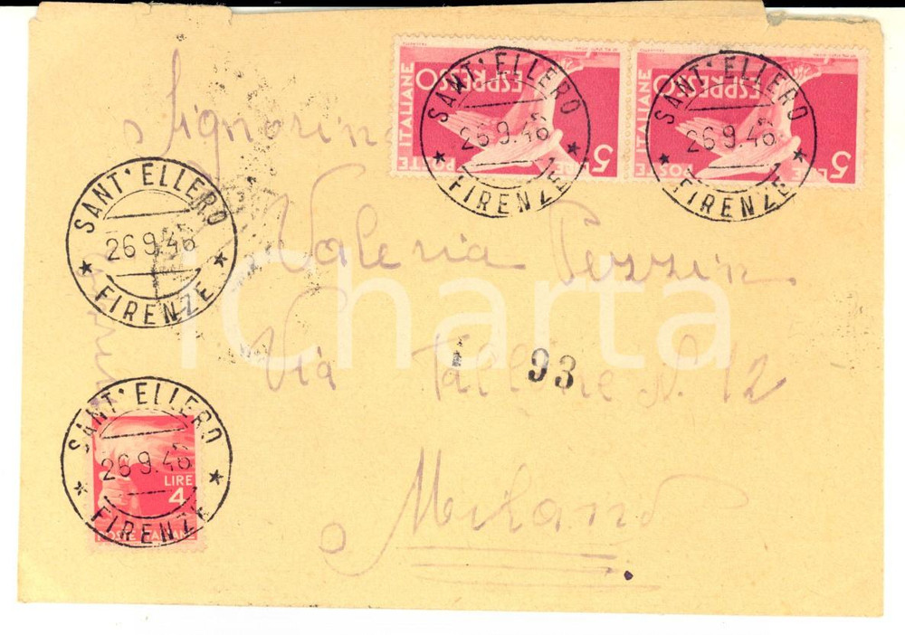 Cartolina originale da collezione 1946 STORIA POSTALE SANT ELLERO Busta  L. 5 espresso + L. 4 con lettera 1