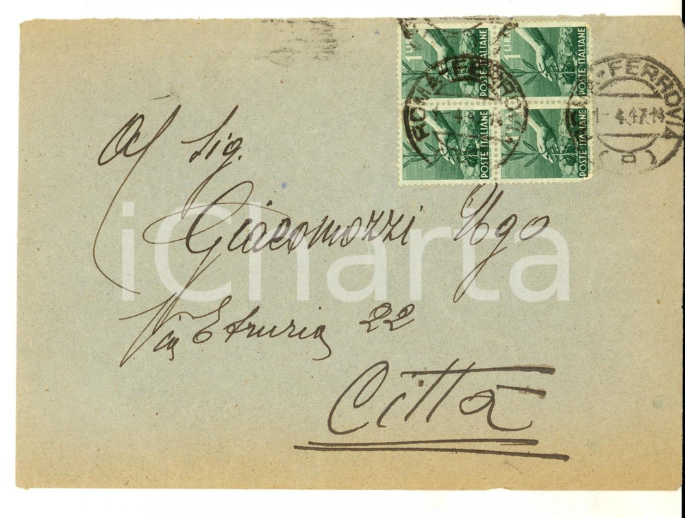 Cartolina originale da collezione 1947 STORIA POSTALE ROMA Busta 4x 1 Lira DEMOCRATICA con lettera 1