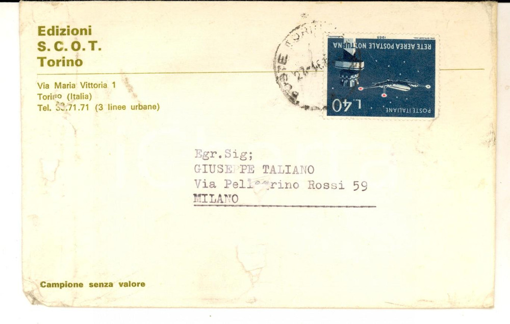 Cartolina originale da collezione 1965 STORIA POSTALE Busta  EDIZIONI S.C.O.T. L. 40 Rete aerea postale notturna 1