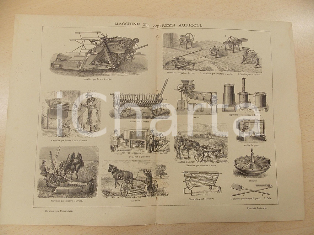 Stampa, bozzetto originale 1900 ca LEXICON VALLARDI Enciclopedia Universale  Macchine e attrezzi agricoli 1
