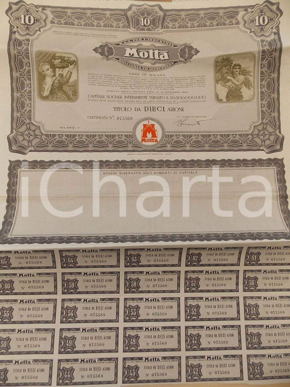 Oggetto da collezione cartaceo 1965 ca MILANO MOTTA dolciaria ed alimentare Titolo da 10 azioni con cedole 1