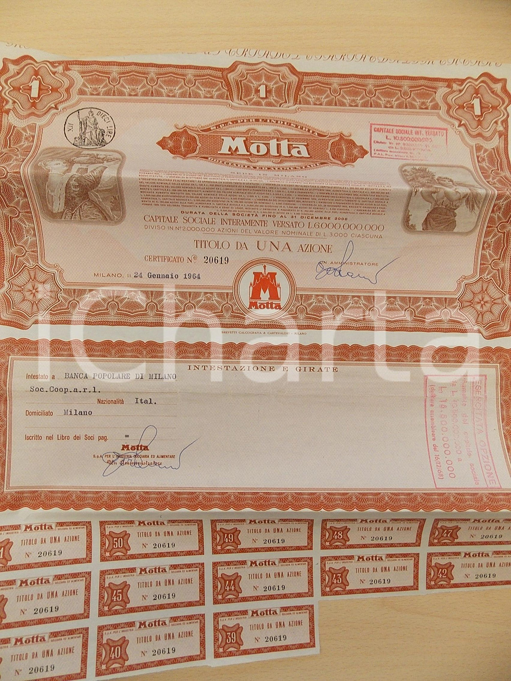 Oggetto da collezione cartaceo 1964 MILANO MOTTA dolciaria ed alimentare Titolo da 1 azione con cedole 1