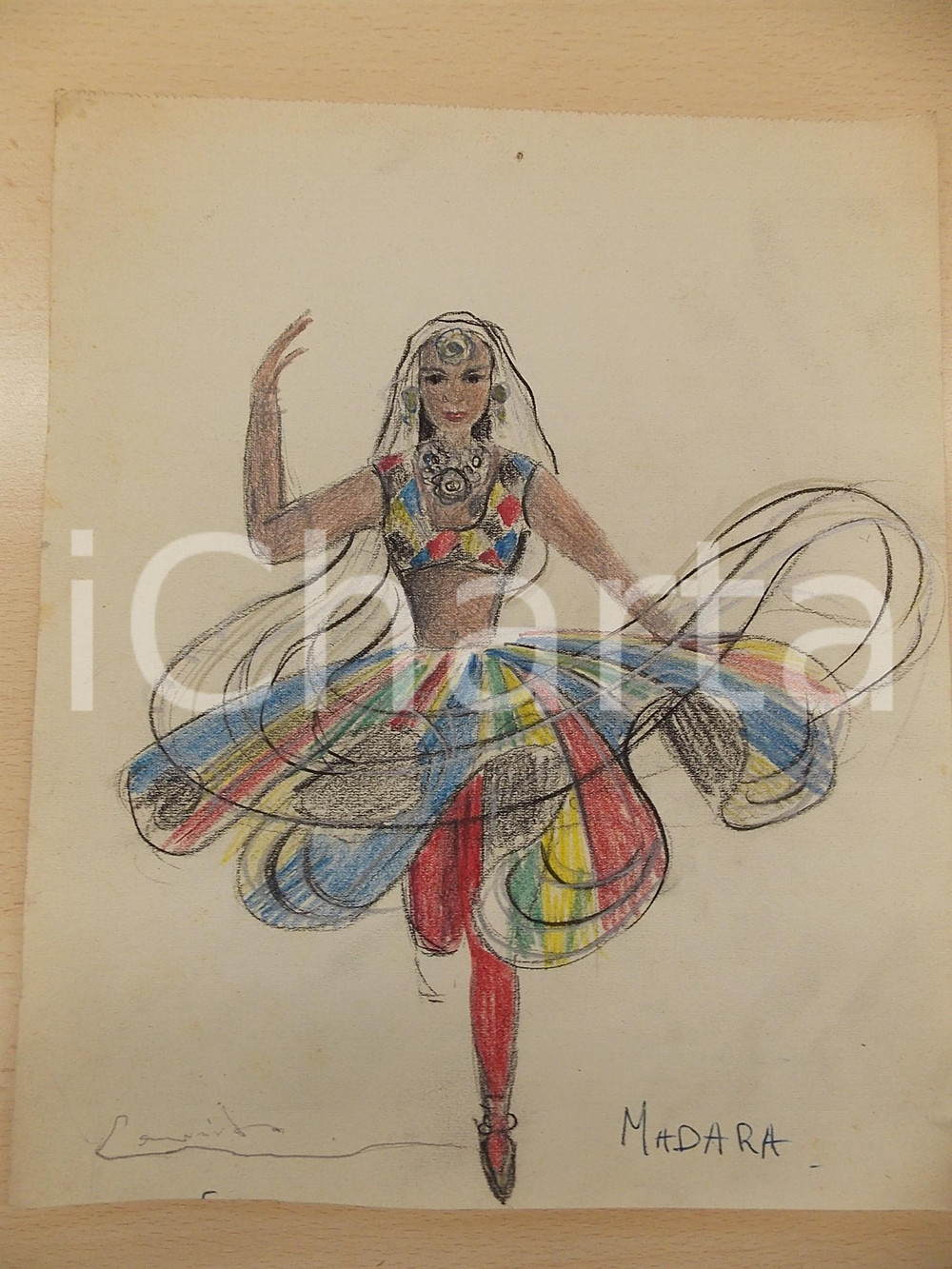 Stampa, bozzetto originale 1960 ca ARTE Ballerina in costume arcobaleno Disegno a pastelli FIRMATO 1