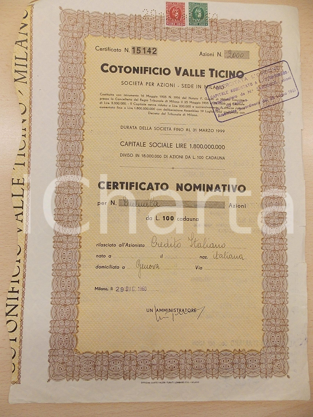 1960 MILANO Cotonificio VALLE TICINO spa *Certificato nominativo 2000 azioni