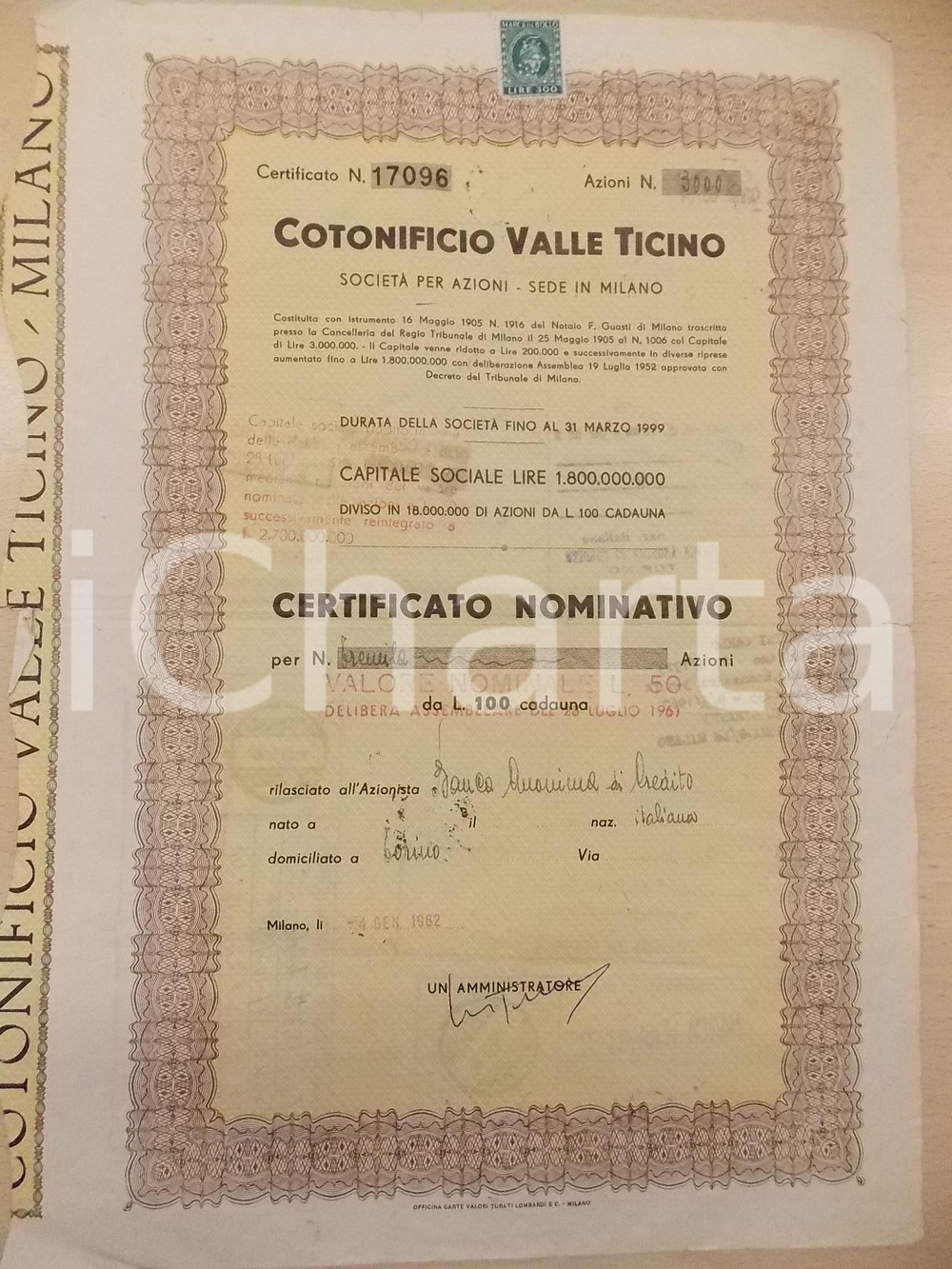 Oggetto da collezione cartaceo 1962 MILANO Cotonificio VALLE TICINO spa Certificato nominativo 3000 azioni 1