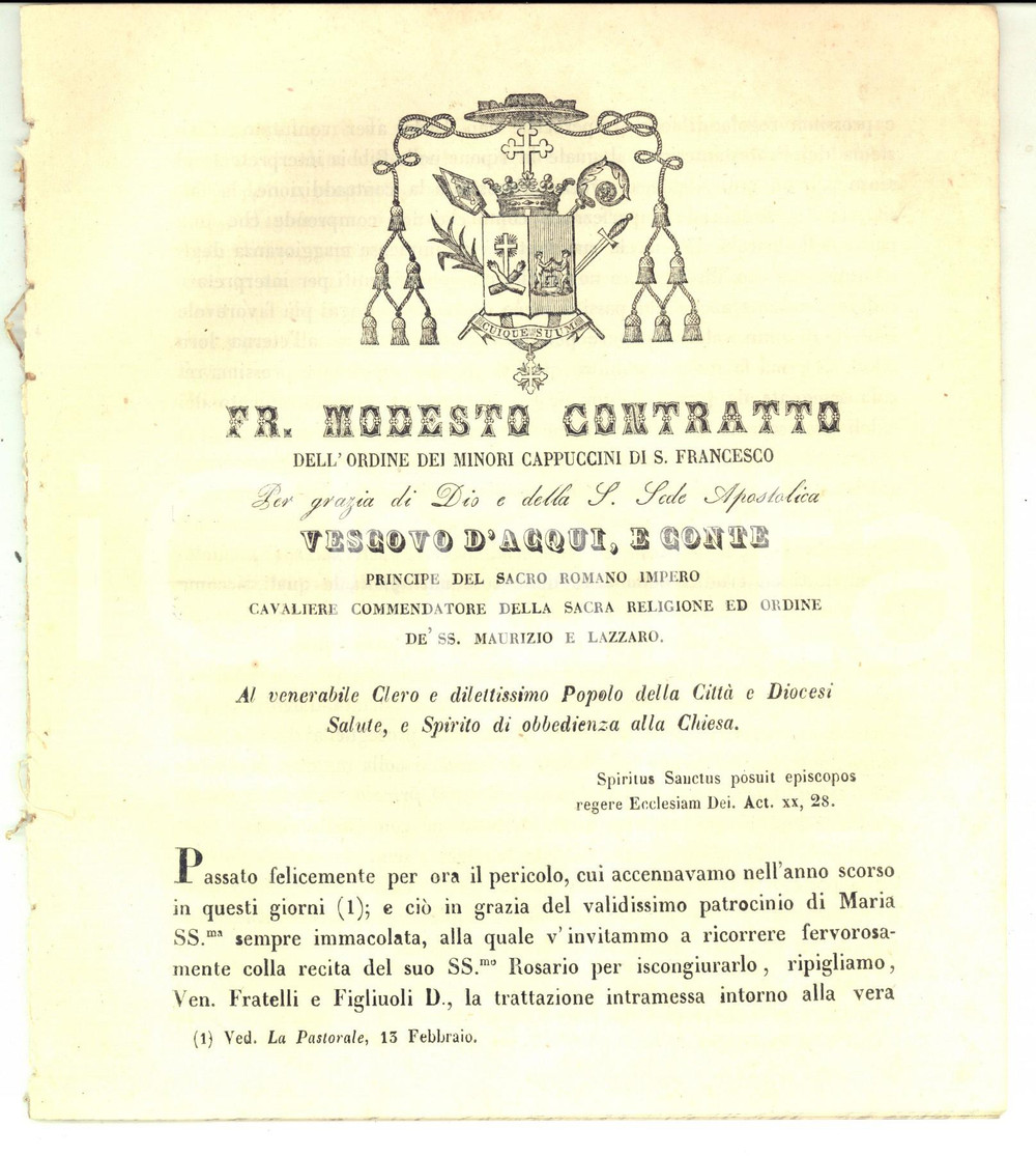 Documento originale, autentico 1863 ACQUI TERME Mons. Modesto CONTRATTO  I protestanti infestano l Italia 1