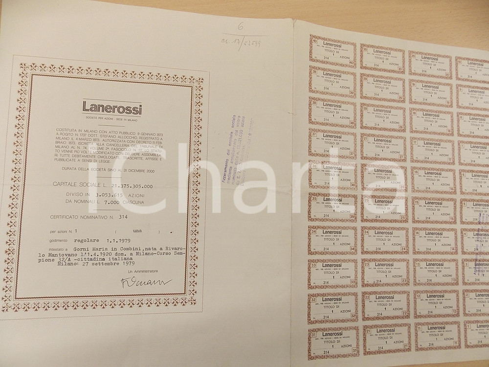 Oggetto da collezione cartaceo 1979 MILANO Ditta LANEROSSI   Cetificato nominativo 1 azione con cedole 1