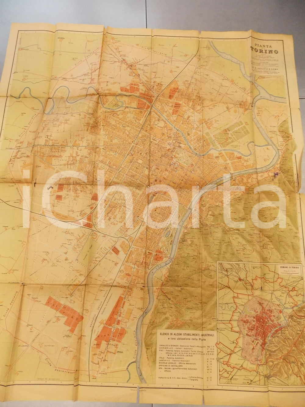 Mappa, planimetria storica 1940 ca TORINO Pianta della cittÃ   Ed. PARAVIA 65x75 cm A COLORI 1