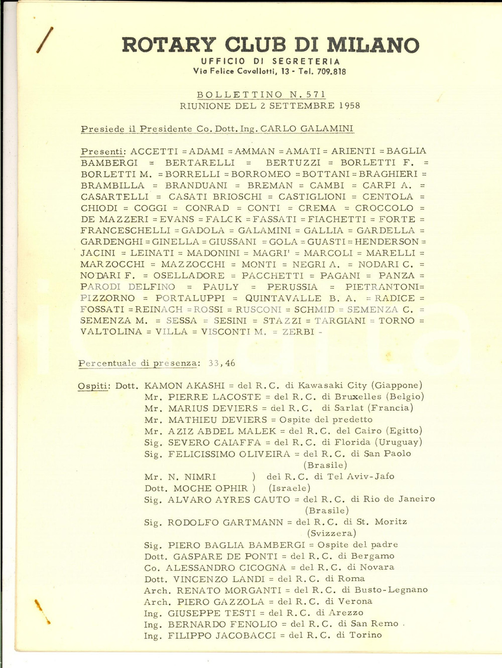 Documento originale, autentico 1958 MILANO ROTARY CLUB Bollettino n° 571 Riunione ricordo Mario ALBERTI 1