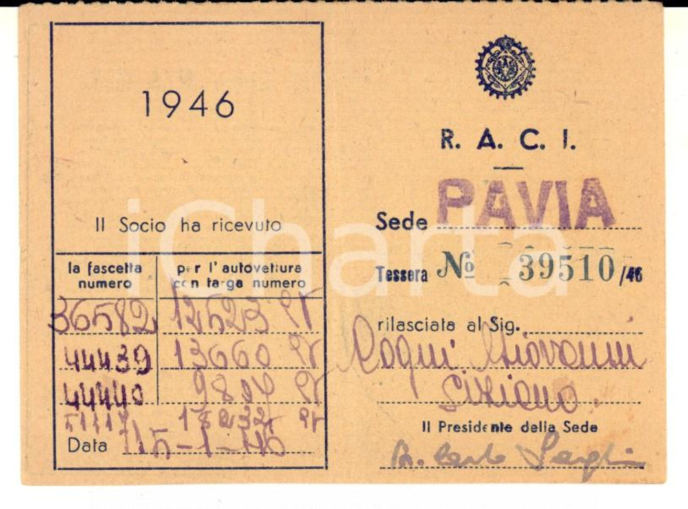 1946 RACI SIZIANO (PV) Tessera del socio Giovanni COCQUI