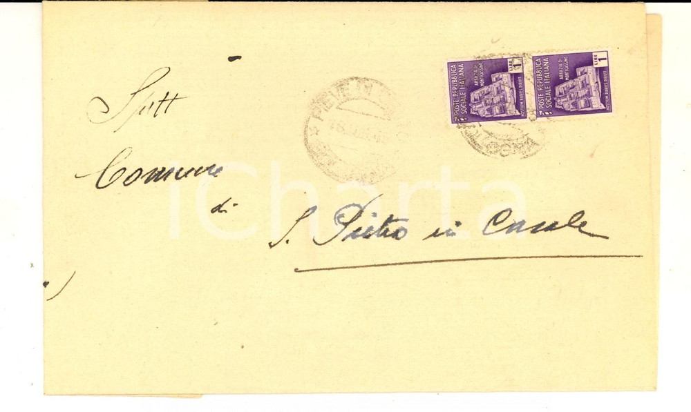 Cartolina originale da collezione 1945 STORIA POSTALE PIEVE DI CENTO Piego RSI coppia L. 1 monumenti distrutti 1