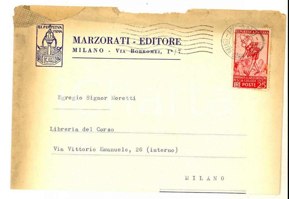 Cartolina originale da collezione 1945 STORIA POSTALE MILANO Busta MARZORATI Editore L. 25 Onoranze a COLLODI 1