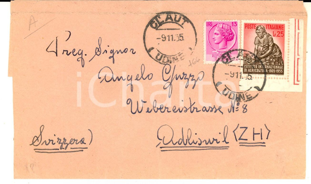 Cartolina originale da collezione 1955 STORIA POSTALE CLAUT Busta L.13 + L. 25 Istituto Internazionale Agricoltura 1