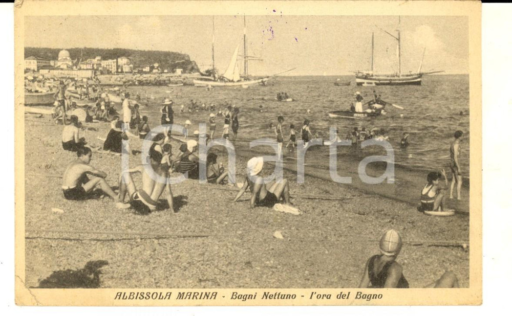 Cartolina originale da collezione 1940 ALBISSOLA SV Bagni Nettuno  L ora del bagno Cartolina ANIMATA FP VG 1