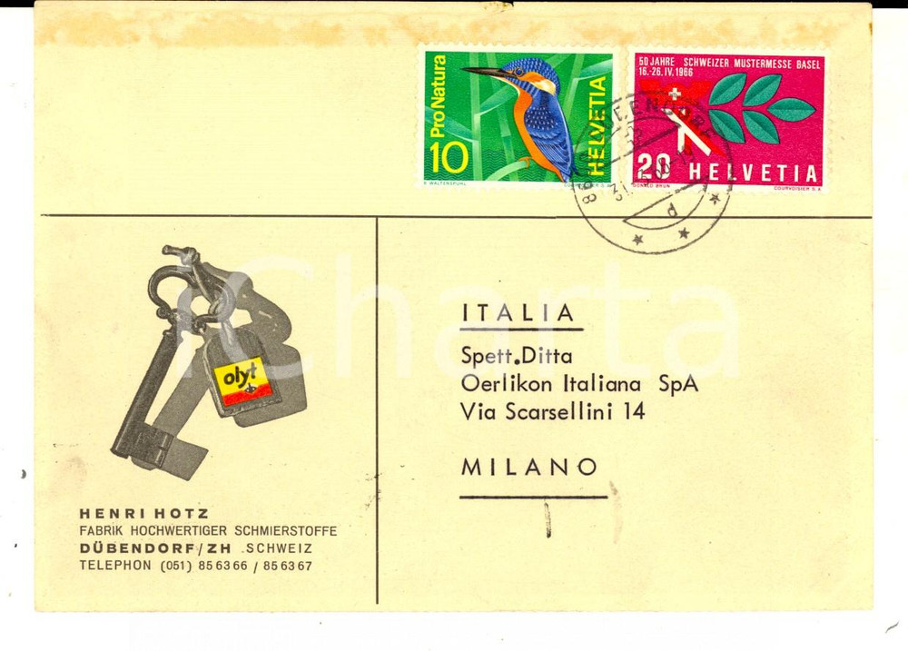 Cartolina originale da collezione 1966 STORIA POSTALE DUBENDORF SVIZZERA Fabrik Henri HOTZ Cartoncino intestato 1