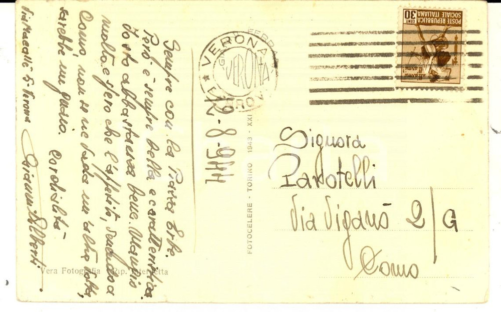 Cartolina originale da collezione 1944 STORIA POSTALE RSI VERONA Piazza Erbe Cartolina 30 cent. All arme 1